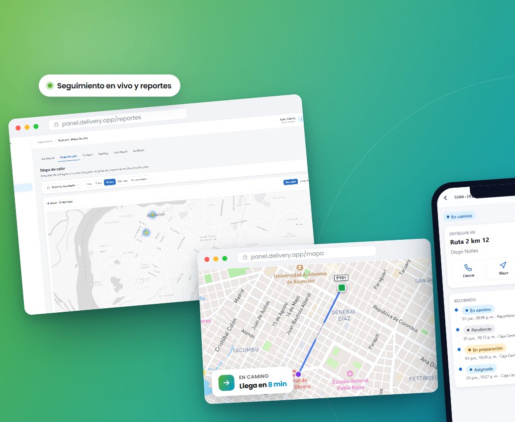 Sistema Delivery: mapa de calor de entregas, seguimiento en vivo de la ruta y app del repartidor