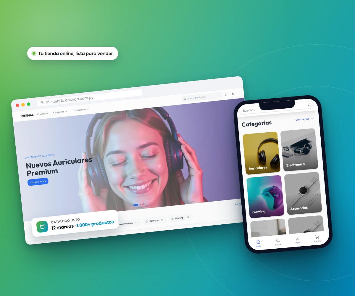 Plataforma OnShop mostrando una tienda online con productos, lista para vender